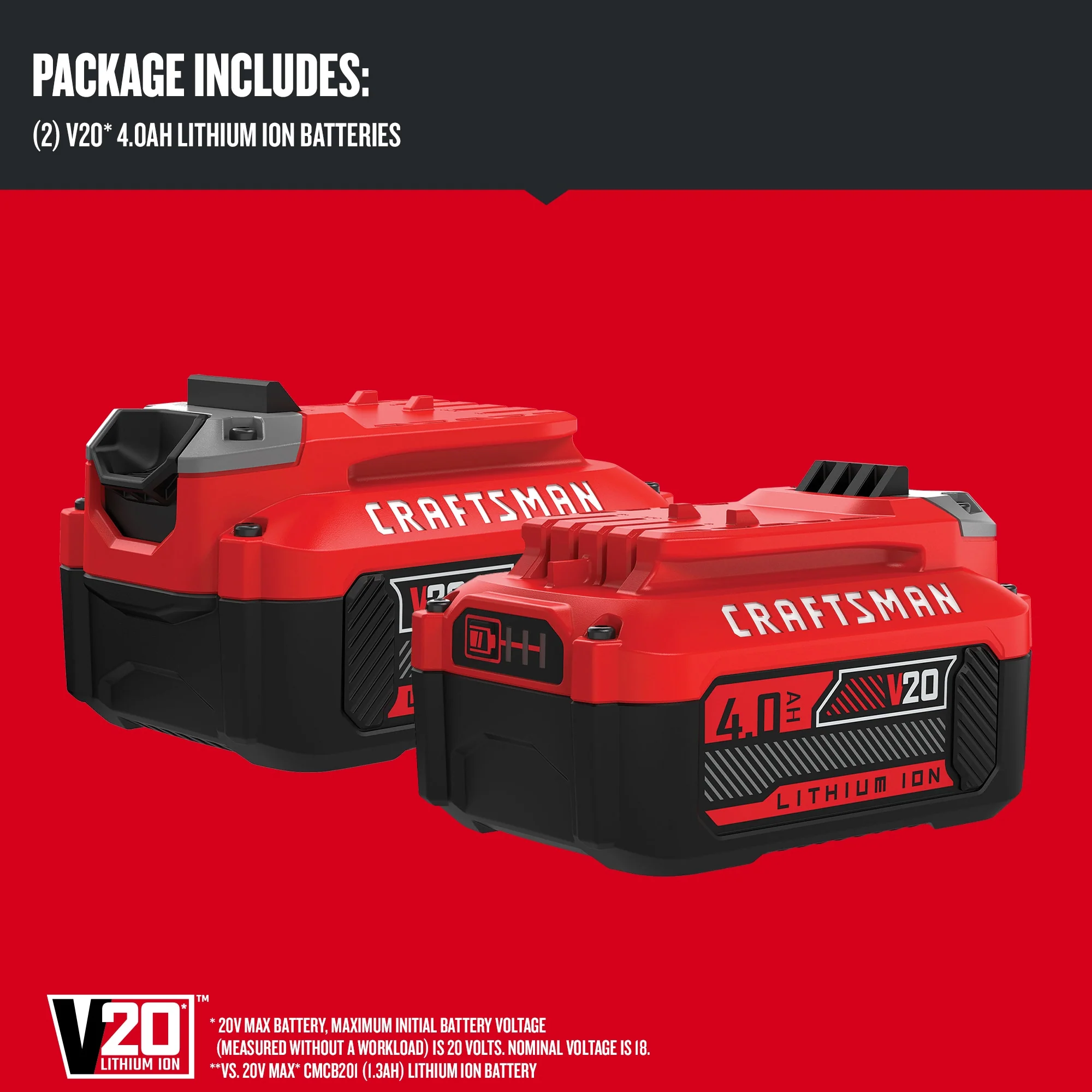 CRAFTSMAN V20 20-Volt Max Lithium-Ion Battery Pack, 4.0Ah, 2-Pack (CMCB204-2) - Image 3