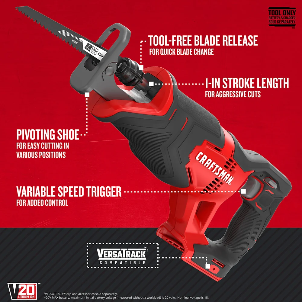 CRAFTSMAN V20 20-Volt Max Variable Speed Cordless Reciprocating Saw, Bare Tool (CMCS300B) - Image 2