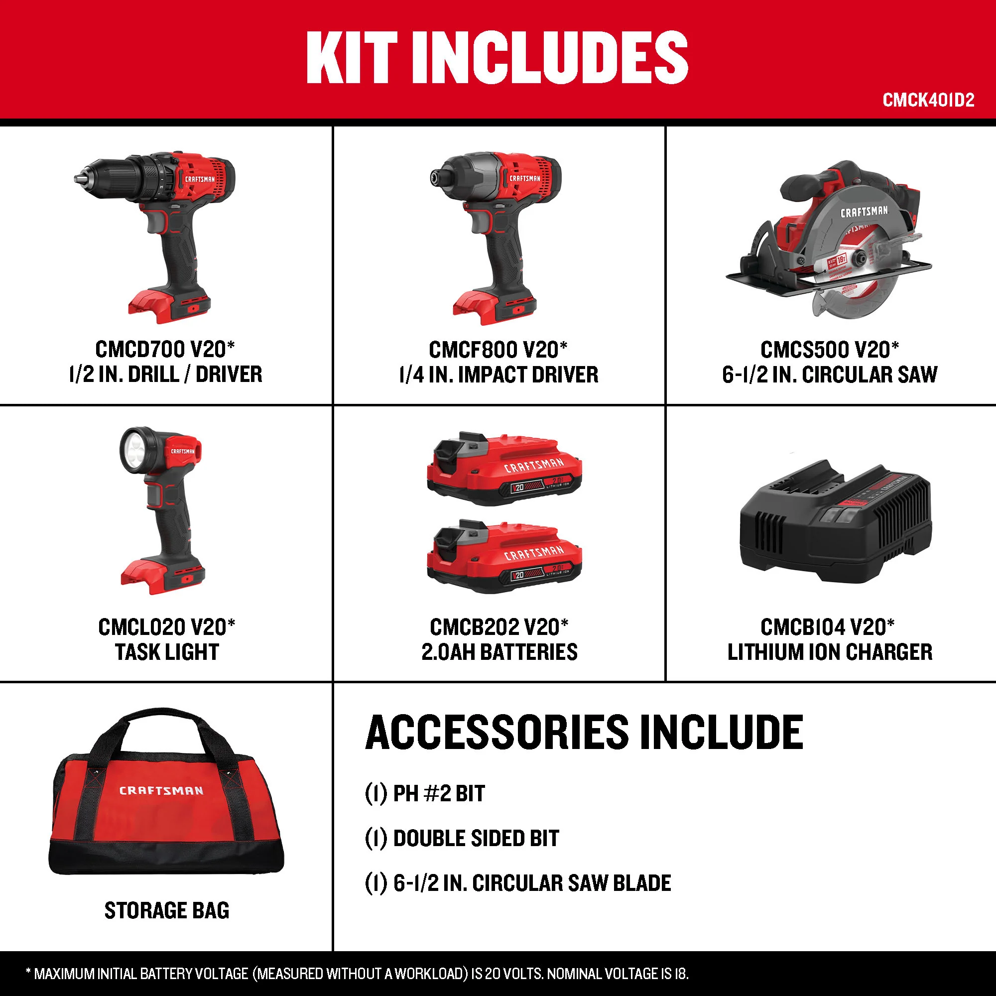 CRAFTSMAN V20 4-Tool 20-Volt Max Power Tool Combo Kit with Drill/Driver, Impact Driver, 6-1/2-in Circular Saw and LED Work Light (Charger and 2 Batteries Included) - Image 2