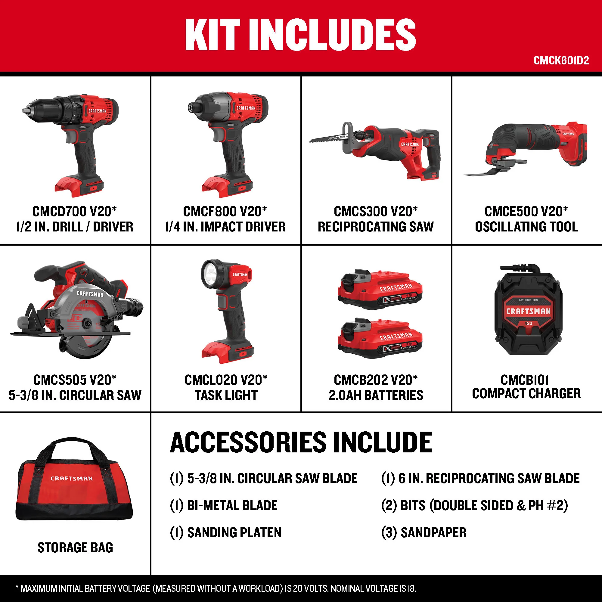 CRAFTSMAN V20 6-Tool 20-Volt Max Power Tool Combo Kit with Soft Case (Charger Included and 2 Batteries Included) - Image 3