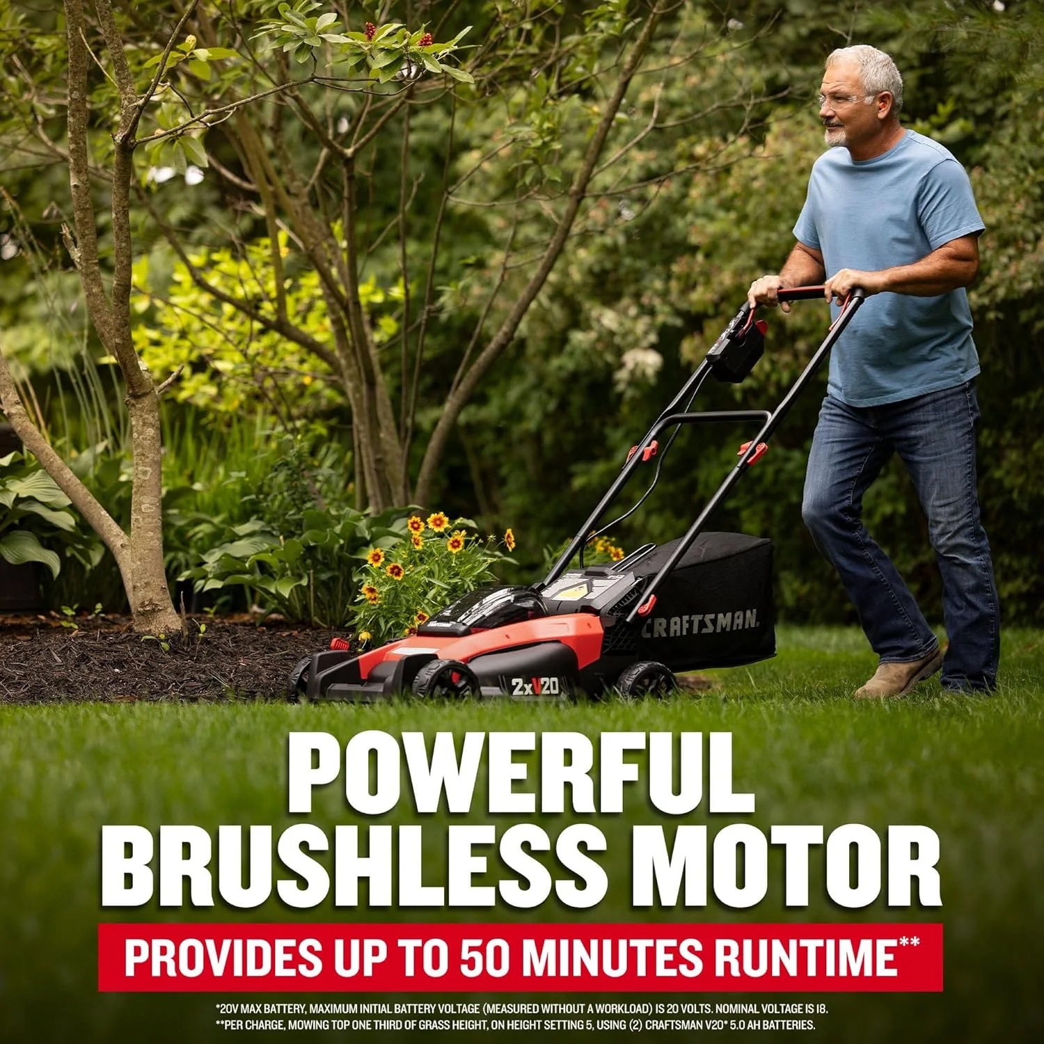 Craftsman V20 CMCMW220P2 20 in. Brushless Cordless Lawn Mower Kit with (2) 20V 5.0Ah Batteries & Charger - Image 2