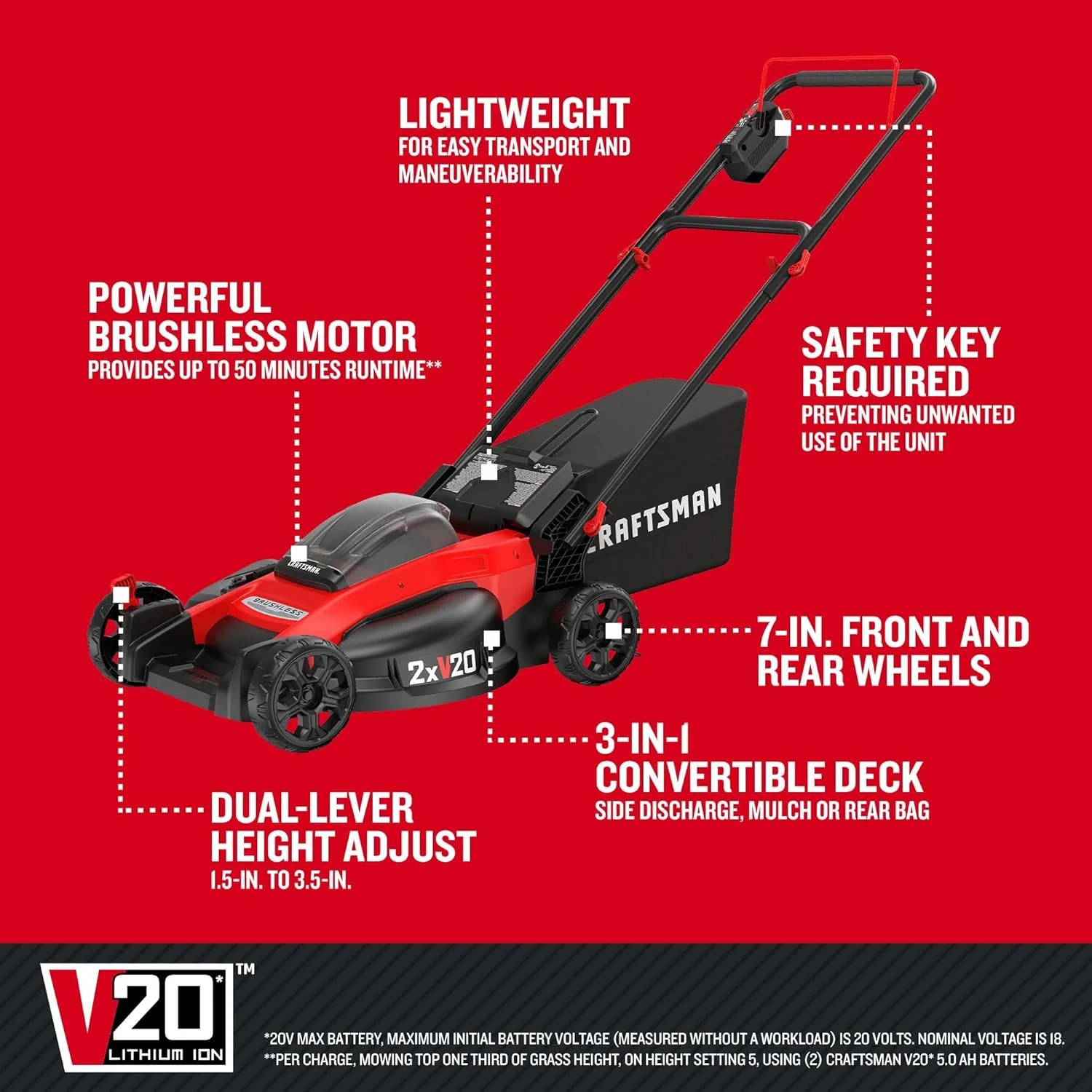 Craftsman V20 CMCMW220P2 20 in. Brushless Cordless Lawn Mower Kit with (2) 20V 5.0Ah Batteries & Charger - Image 6