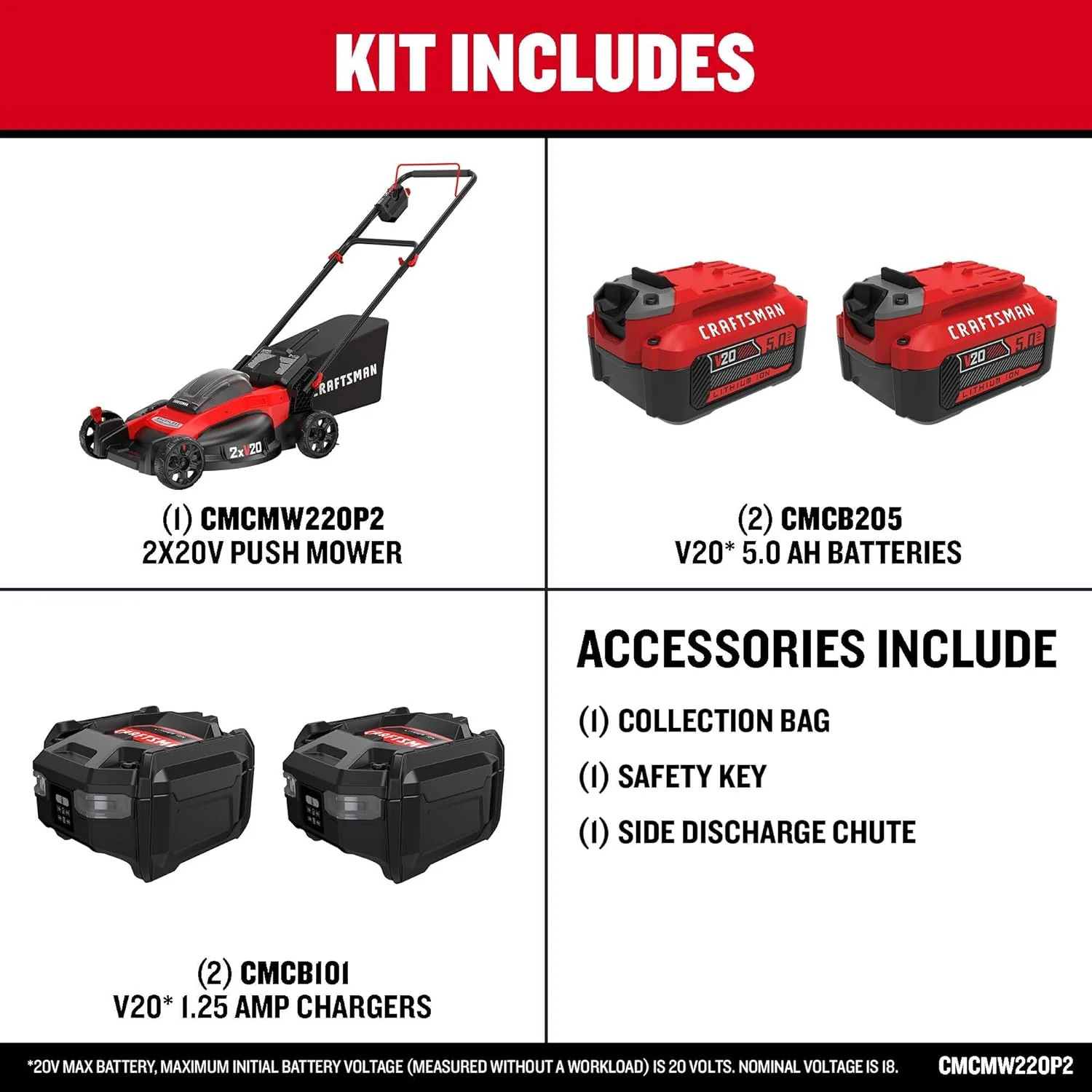 Craftsman V20 CMCMW220P2 20 in. Brushless Cordless Lawn Mower Kit with (2) 20V 5.0Ah Batteries & Charger - Image 7