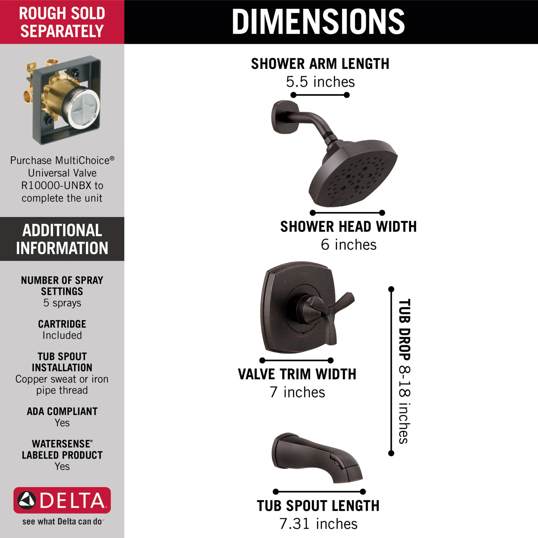 Delta 0.5-in Venetian Bronze Bathtub/Shower Mixer, H2Okinetic, Monitor, Trim Kit T144766-RB - Image 3