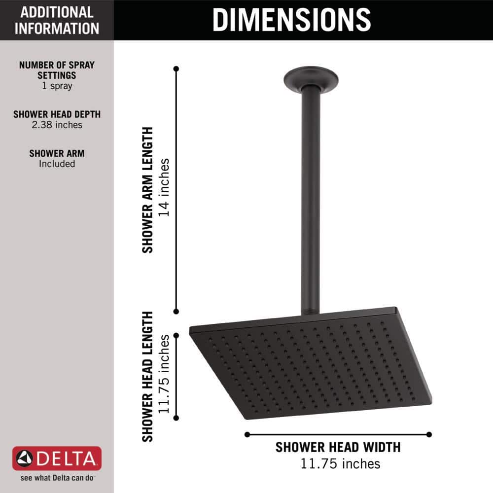 Delta 1-Spray 11.75 in. Wall Mount Square Fixed Rain Shower Head in Matte Black - Image 3