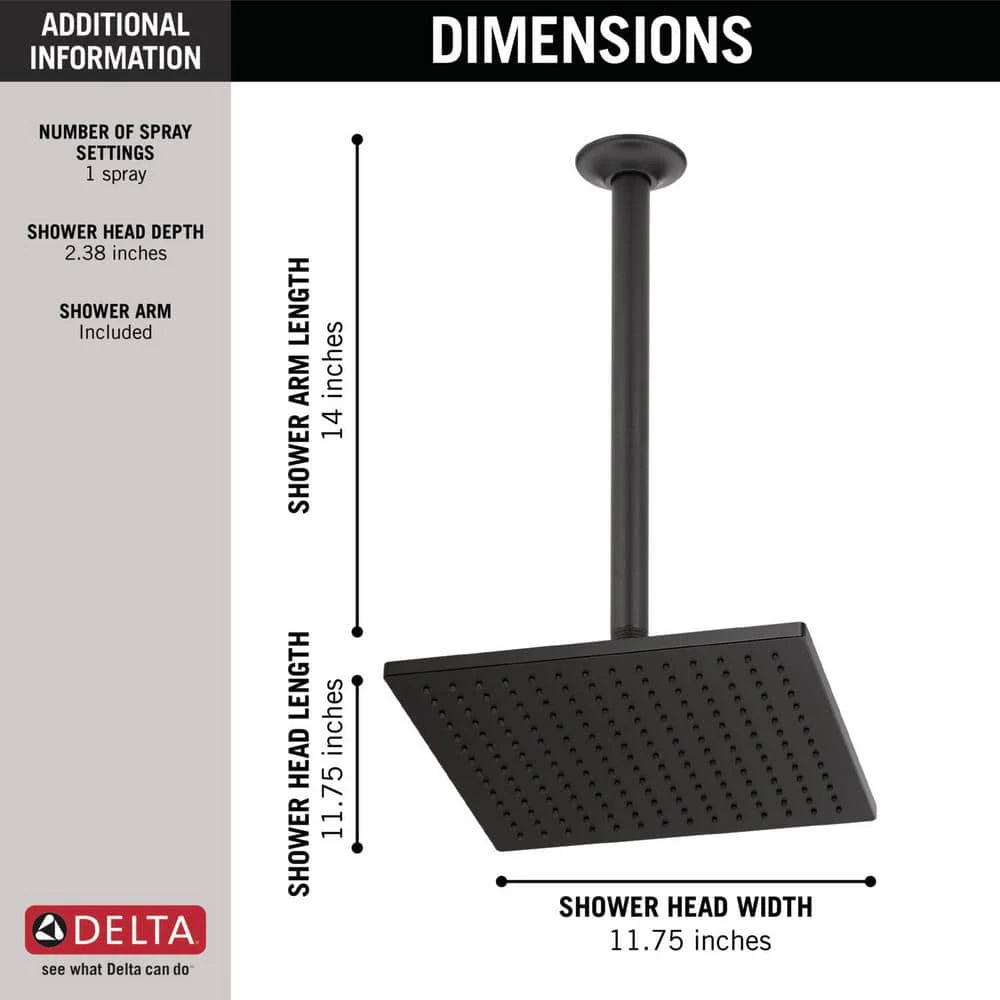 Delta 1-Spray 11.8 in. Wall-Mount Square Fixed Rain Shower Head in Matte Black - Image 3