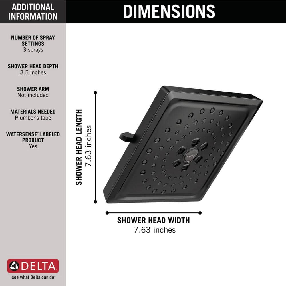 Delta 3-Spray 7.63 in. Wall-Mount Fixed Rain H2Okinetic Shower Head in Matte Black - Image 3
