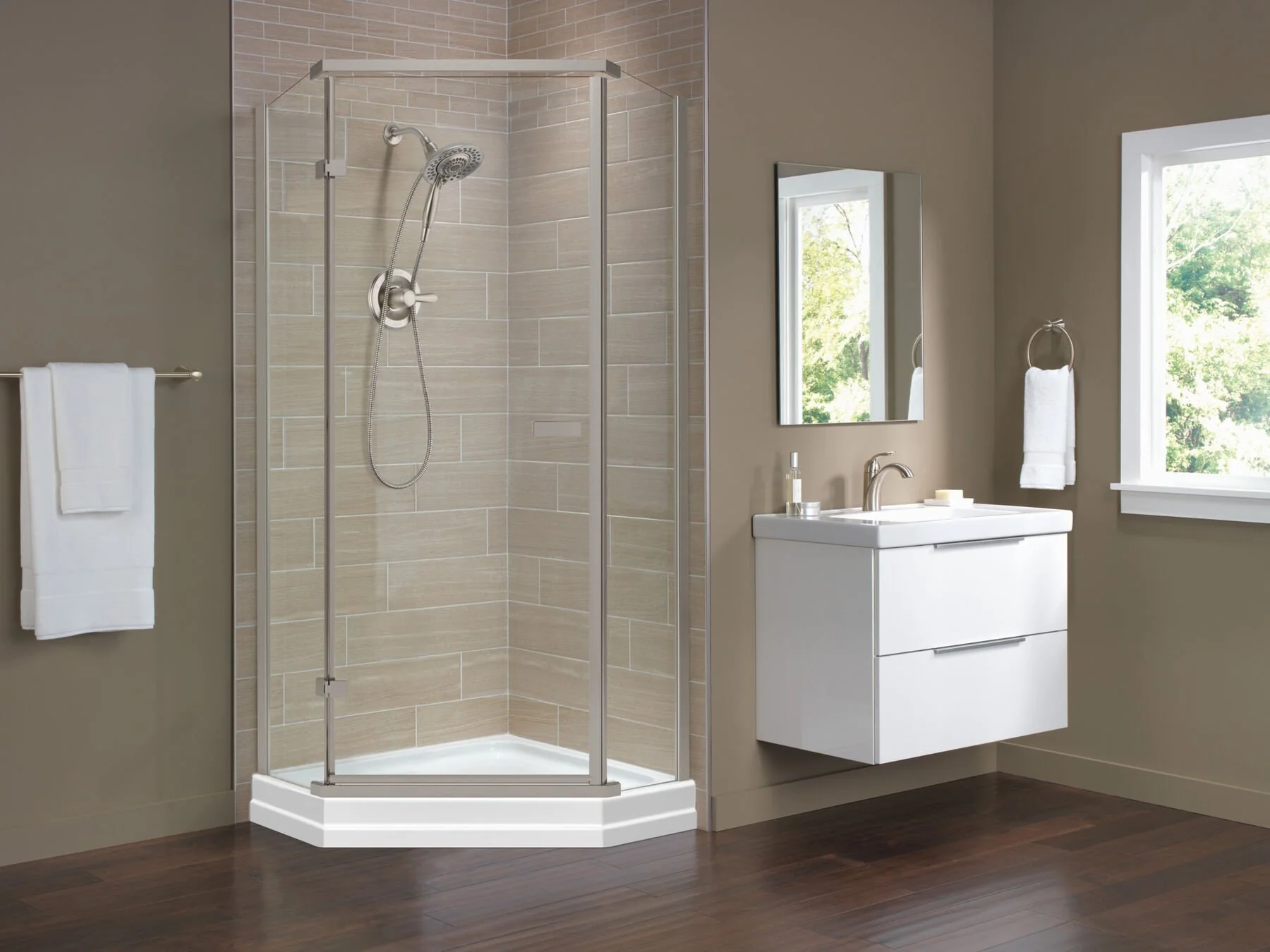 Delta 38 in. x 38 in. x 72 in. Semi-Frameless Neo Angle Corner Shower in White - Image 3