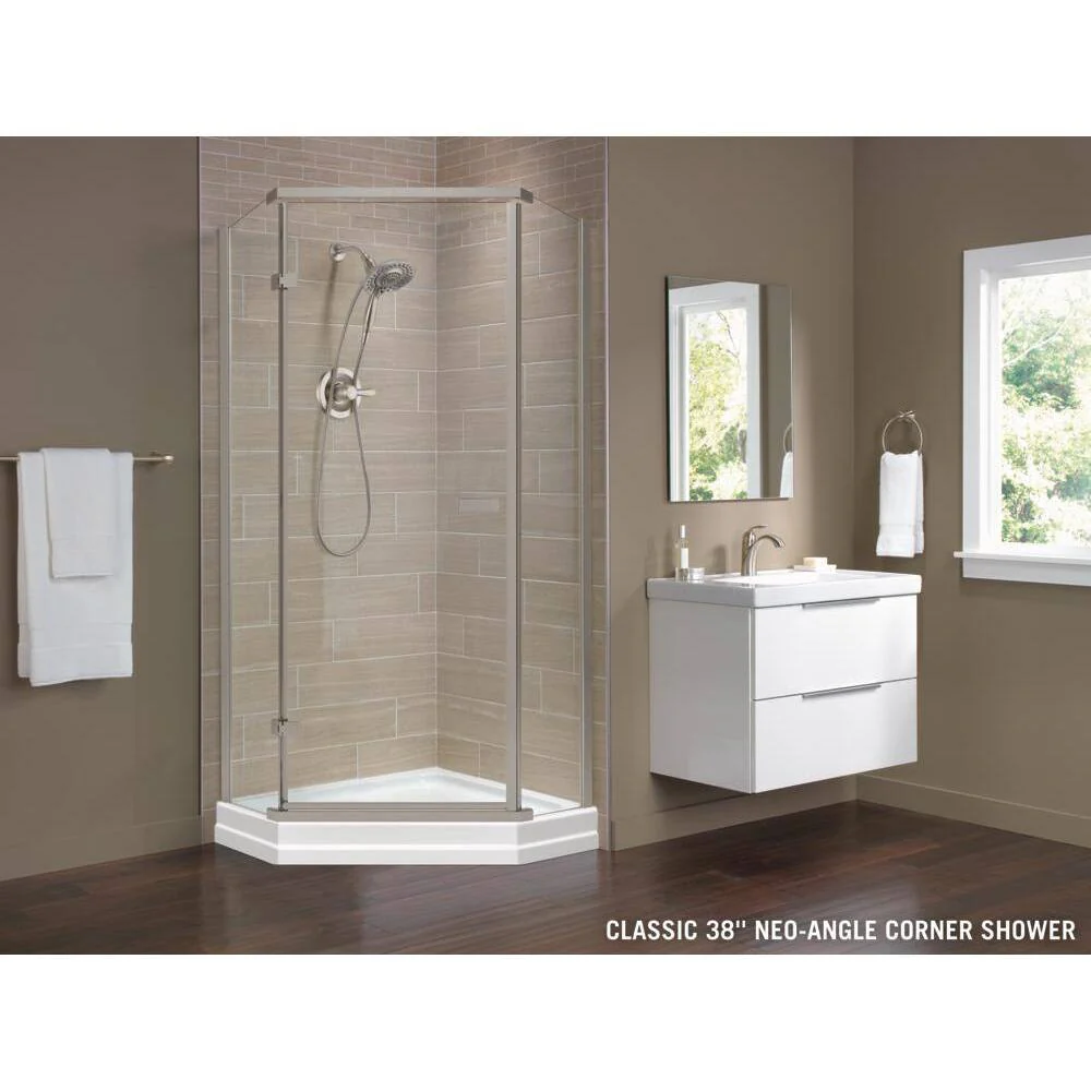 Delta 38 in. x 72 in. Semi-Frameless Pivot Door in Stainless with 38 in. x 38 in. Neo Angle Corner Shower Base in White - Image 6