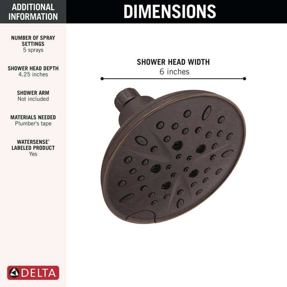 Delta 5-Spray 6 in. Single Wall Mount Fixed Shower Head, SpotShield Venetian Bronze, 1.75 GPM - Image 3