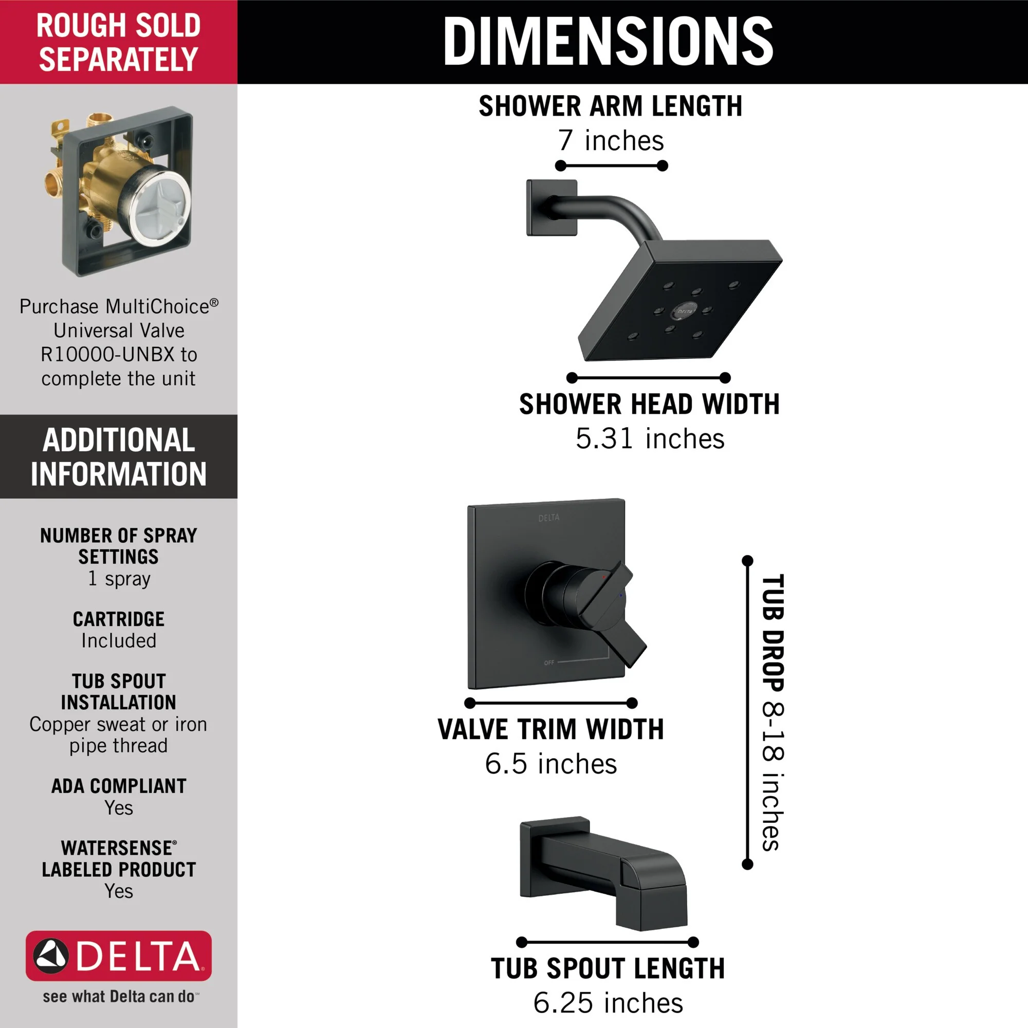 Delta Ara Matte Black 1-Handle Bathtub and Shower Faucet, H2Okinetic, Trim Only - Image 2