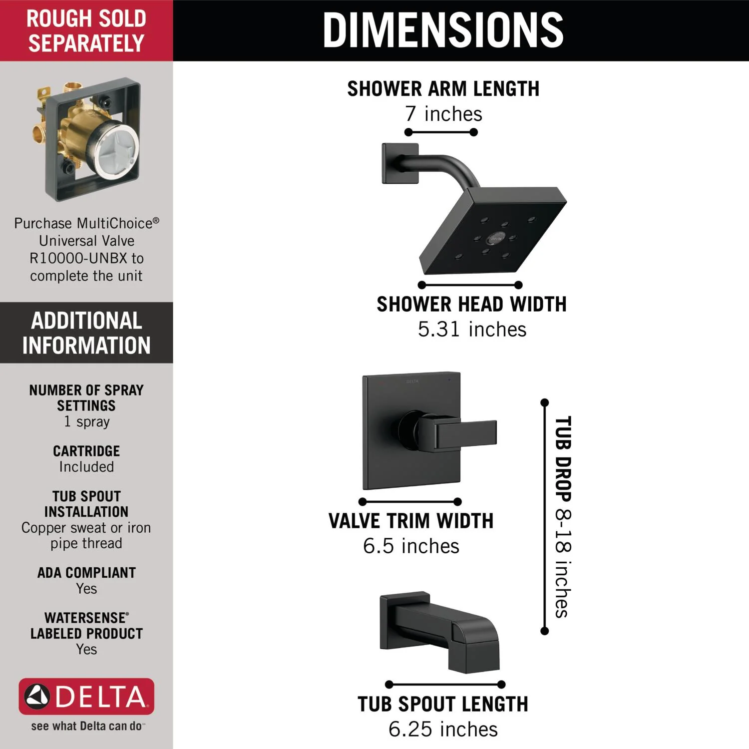 Delta Ara Matte Black 1‑Handle Bathtub and Shower Faucet, Square 5.31-in Shower Head - Image 3