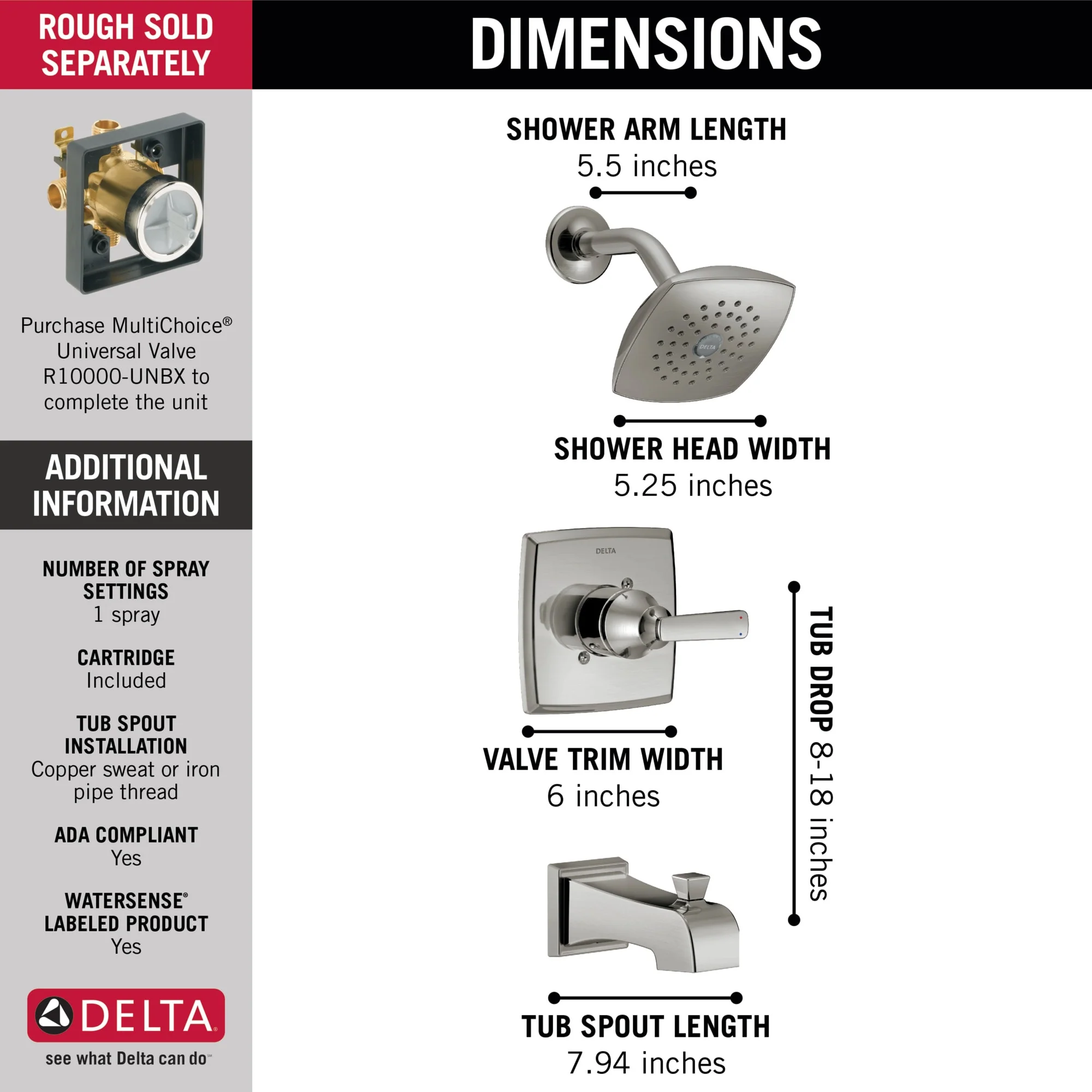 Delta Ashlyn Stainless 1-Handle Bathtub and Shower Faucet, Single-Function 5.25-in Square Showerhead (Trim Kit, Valve Sold Separately) - Image 3