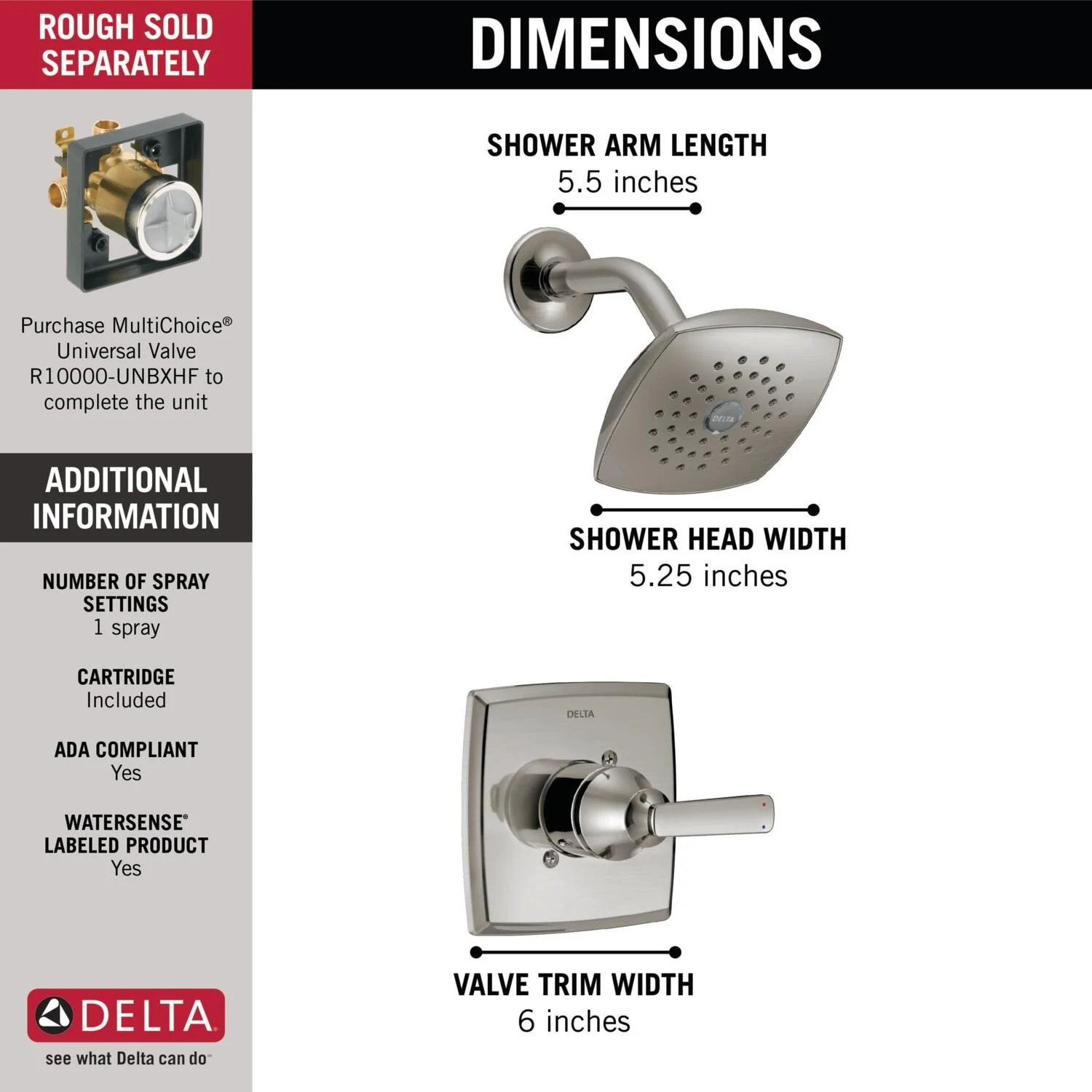 Delta Ashlyn Stainless 1-Handle Single-Function Shower Faucet Trim Kit, 5.25-in Square Head - Image 2