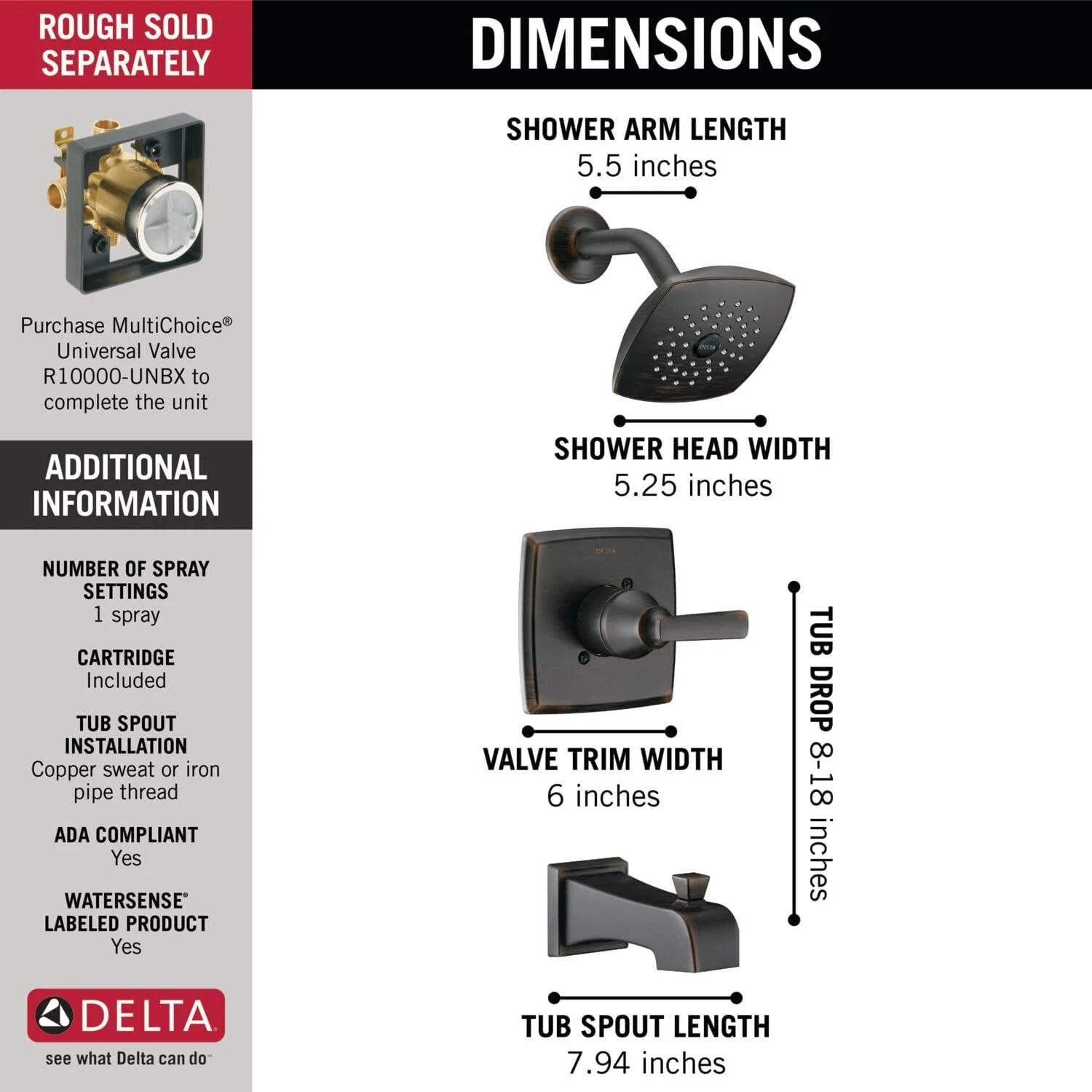 Delta Ashlyn Venetian Bronze 1-Handle Bathtub and Shower Faucet, 14 Series Trim Kit, T14464-RB (Valve Not Included) - Image 3
