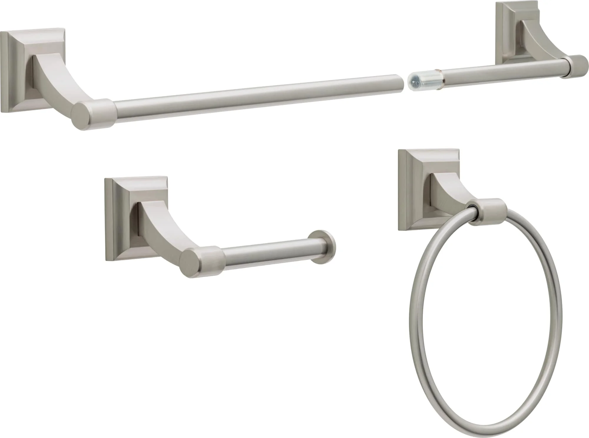 Delta Bellamy 3‑Piece SpotShield Brushed Nickel Decorative Bathroom Hardware Set (18–24 in Towel Bar, Toilet Paper Holder, Towel Ring)