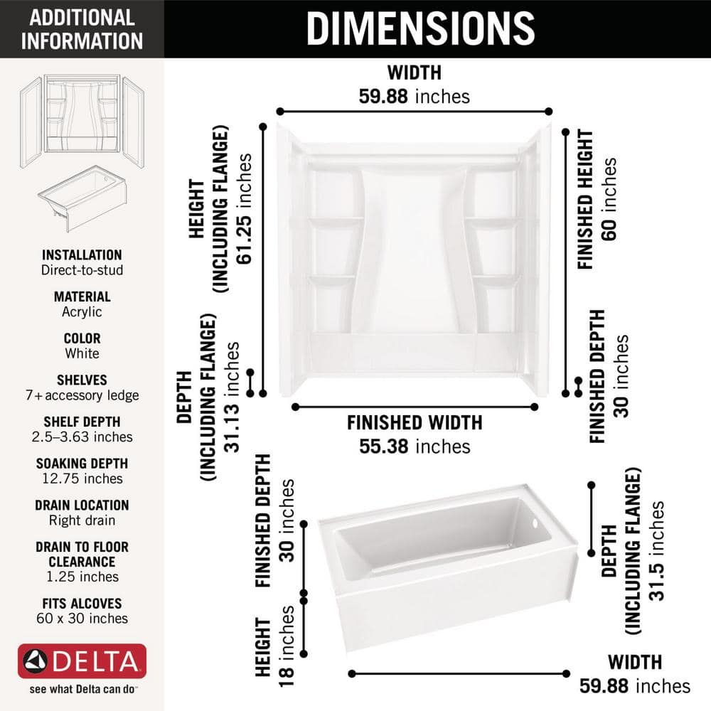 Delta Classic 500 60 in. x 30 in. Alcove Right-Drain Bathtub and 3-Piece Wall Surrounds, High Gloss White - Image 3