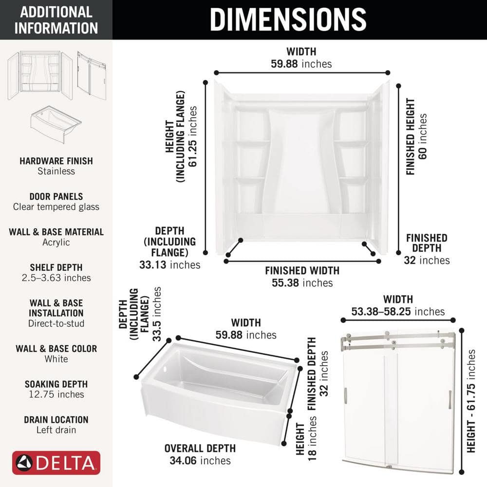 Delta Classic 500 Curve 32 in. x 60 in. x 60 in. Rectangular Tub/Shower Combo Unit in White - Image 3