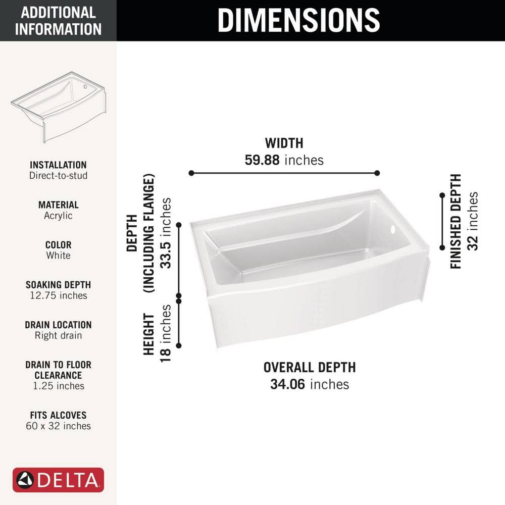 Delta Classic 500 Curve 60 in. x 32 in. Soaking Bathtub with Right Drain in High Gloss White - Image 3
