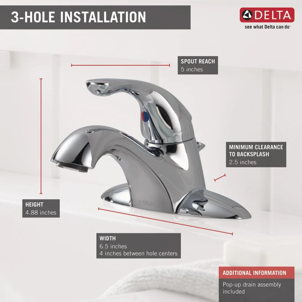 Delta Classic Chrome 1-Handle 4-in Centerset WaterSense Bathroom Sink Faucet with Drain, Mid-Arc - Image 4