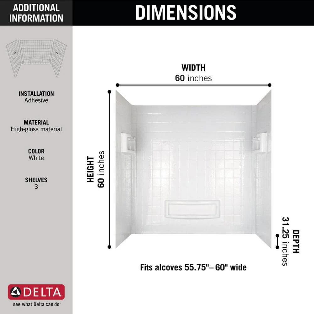 Delta Distinction 60 in. W x 60 in. H Three-Piece Glue-Up Tub Surround in High Gloss White - Image 3