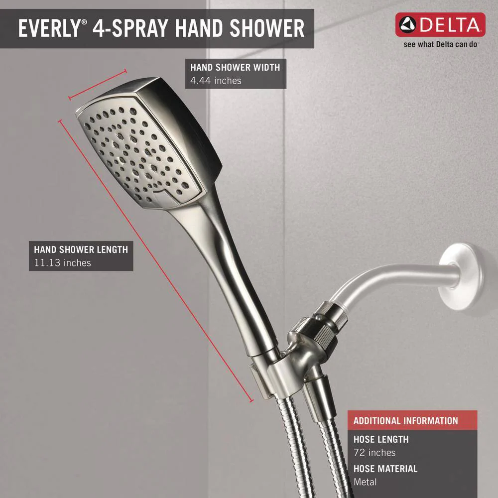 Delta Everly 4-Spray 4.4 in. Single Wall Mount Handheld Shower Head with 72 in. Metal Hose in Brushed Nickel - Image 3