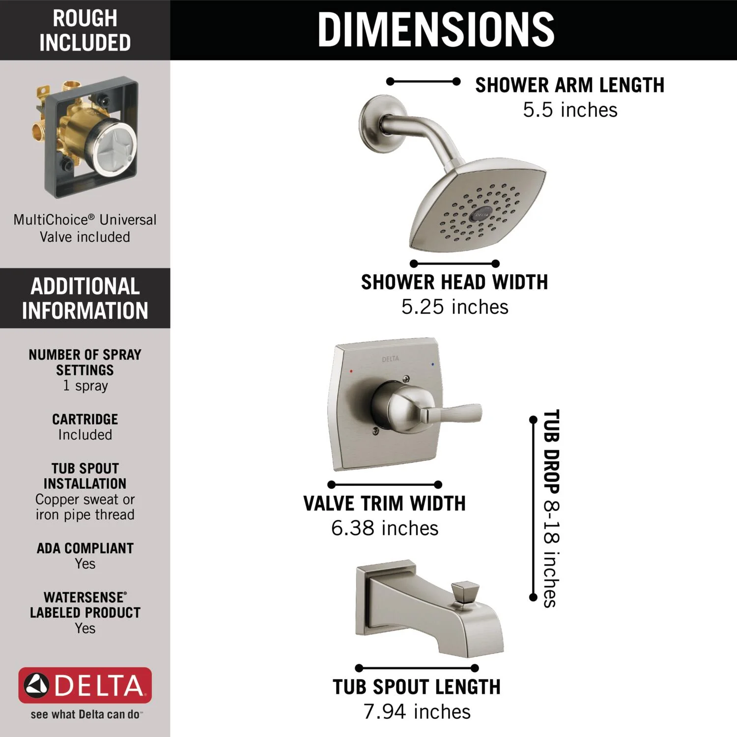 Delta Flynn Stainless 1-Handle Bathtub and Shower Faucet with Valve - Image 3