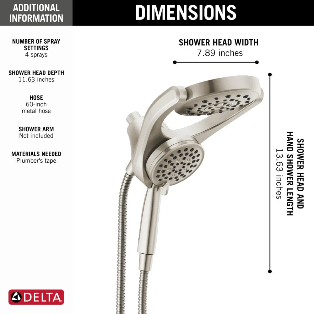 Delta HydroRain SpotShield Brushed Nickel 4-Spray Two-in-One Dual Shower Head, 2.5 GPM (9.5 LPM), 6-in Raincan, 60-in Hose - Image 3