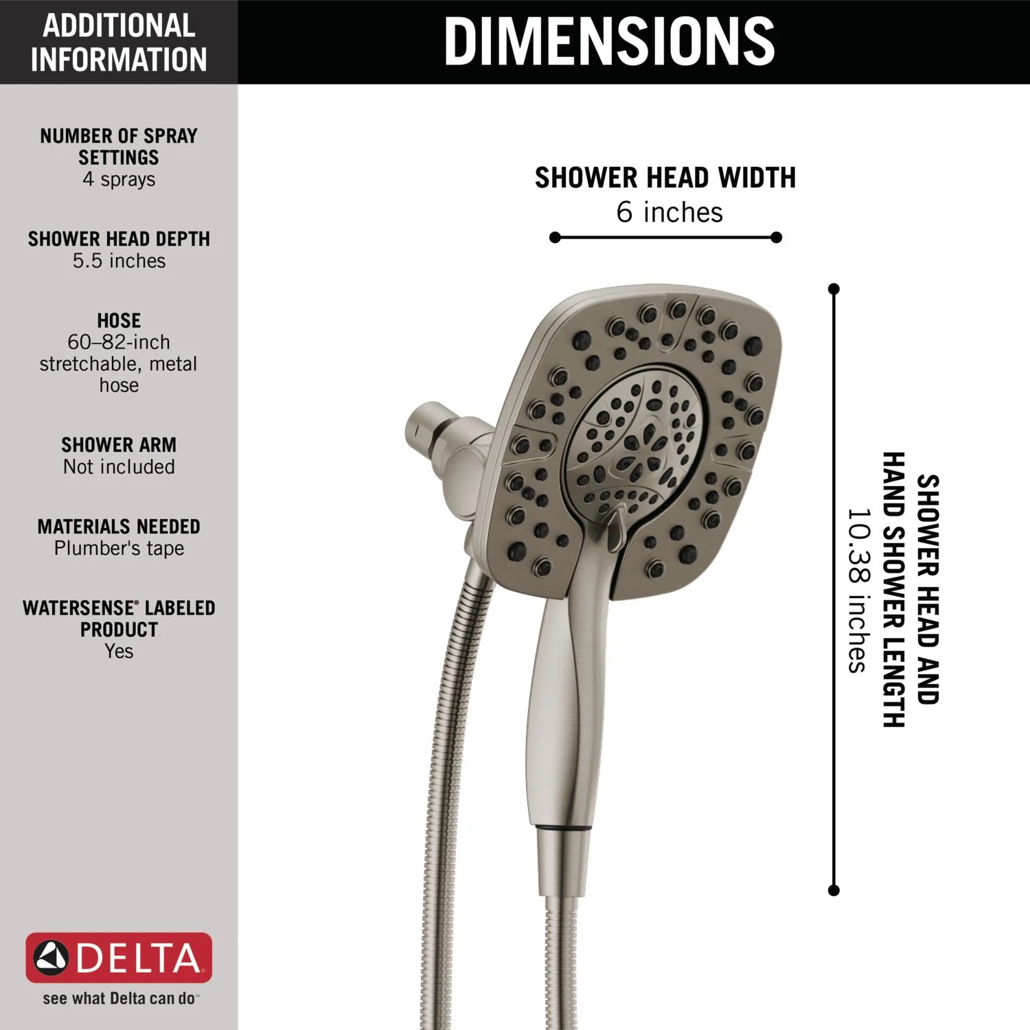 Delta In2ition Stainless 6-in Square Dual/Combo Shower Head, 1.75 GPM - Image 4