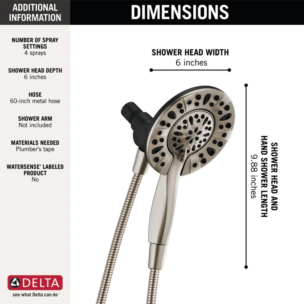 Delta In2ition Universal Showering Components Satin Nickel 4-Spray Dual/Combo Shower Head, 6-in, 2.5 GPM (9.5 LPM) - Image 4