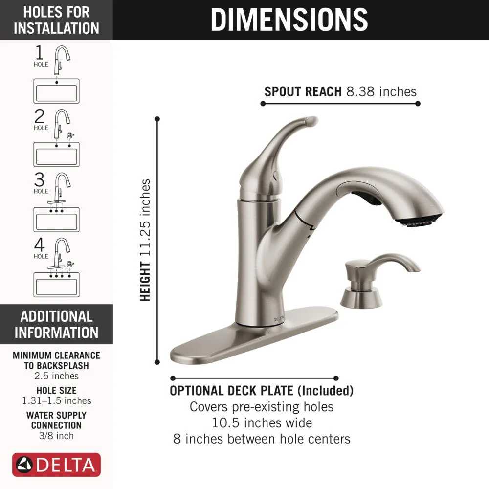 Delta Kessler Stainless 1-Handle Deck-Mount Pull-Out Kitchen Faucet with Soap Dispenser and Deck Plate - Image 4