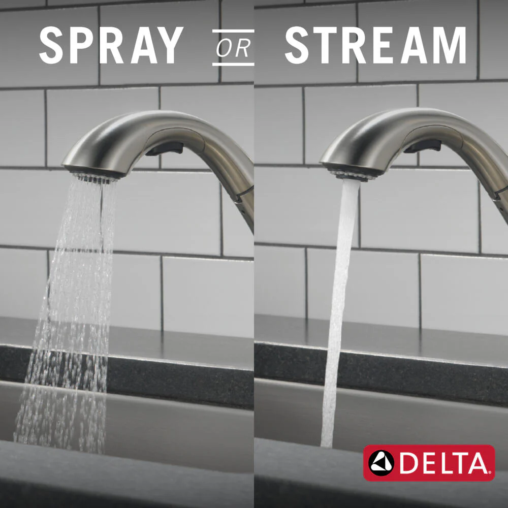 Delta Kessler Stainless 1-Handle Deck-Mount Pull-Out Kitchen Faucet with Soap Dispenser and Deck Plate - Image 5