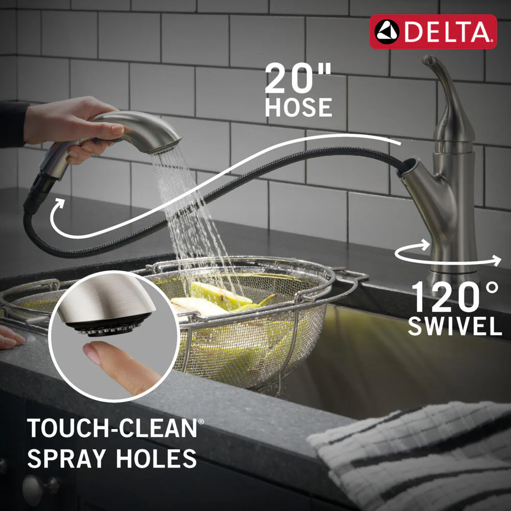 Delta Kessler Stainless 1-Handle Deck-Mount Pull-Out Kitchen Faucet with Soap Dispenser and Deck Plate - Image 6