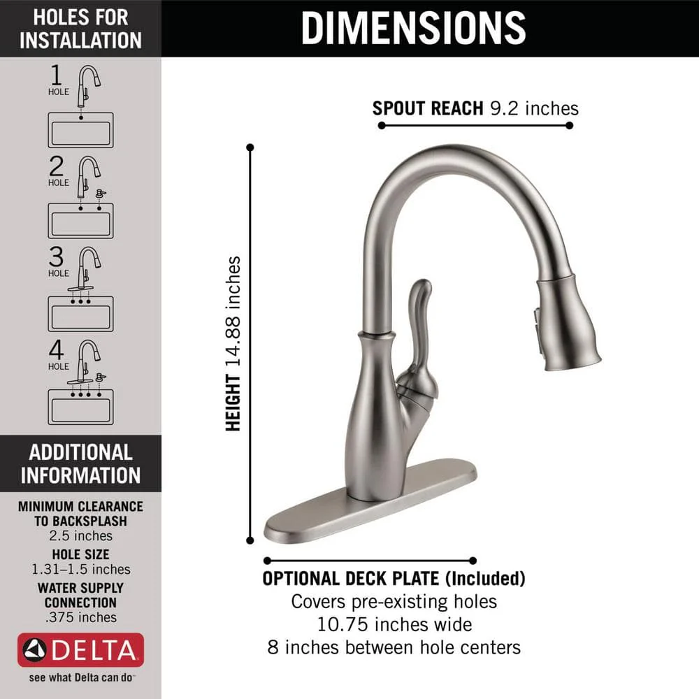 Delta Leland Single-Handle Deck-Mount Pull-Down Kitchen Faucet with ShieldSpray, Stainless (Deck Plate Included) - Image 3