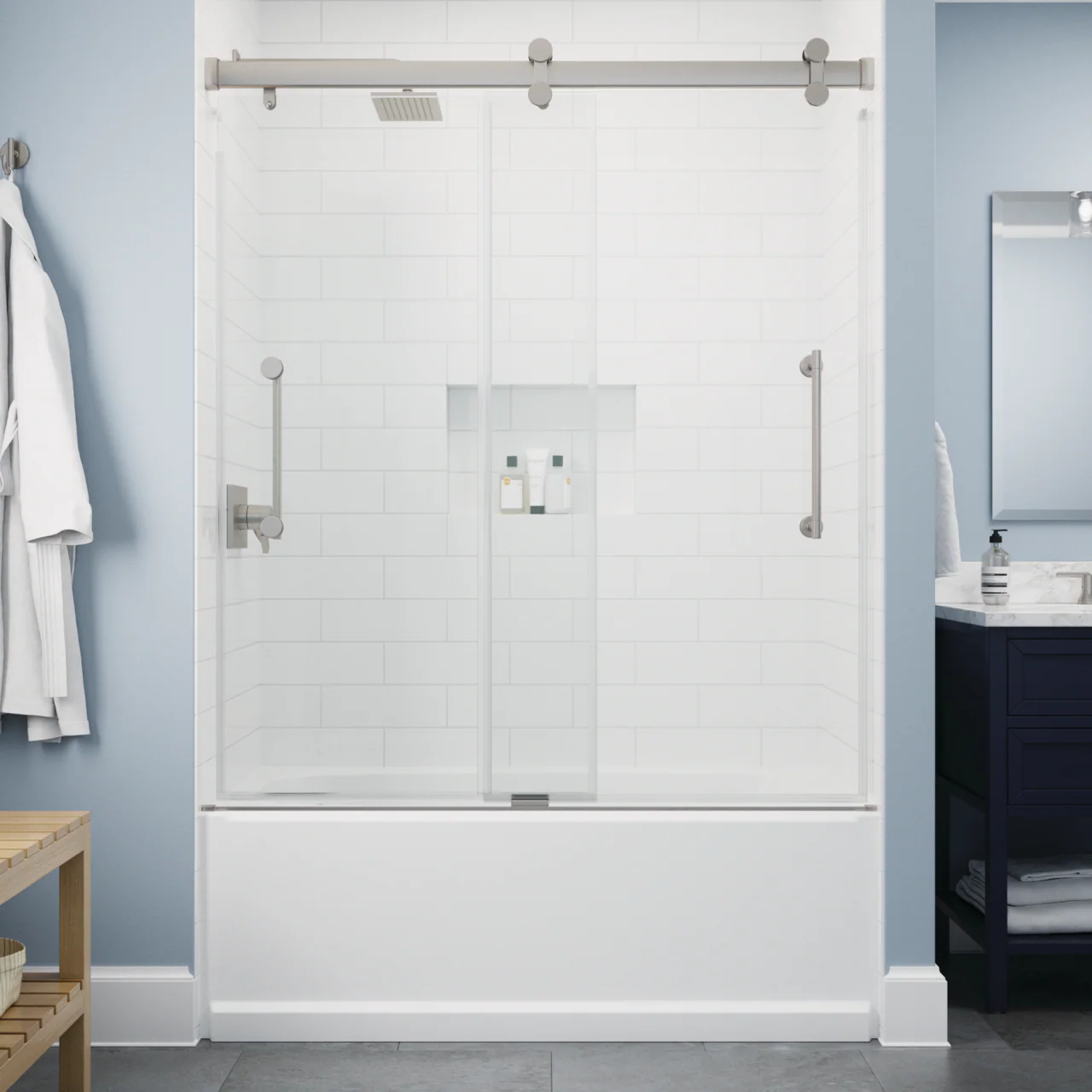 Delta Paxos 60 in. W x 62-1/4 in. H Frameless Sliding Bathtub Door, Nickel, 5/16 in. (8mm) Tempered Clear Glass - Image 2