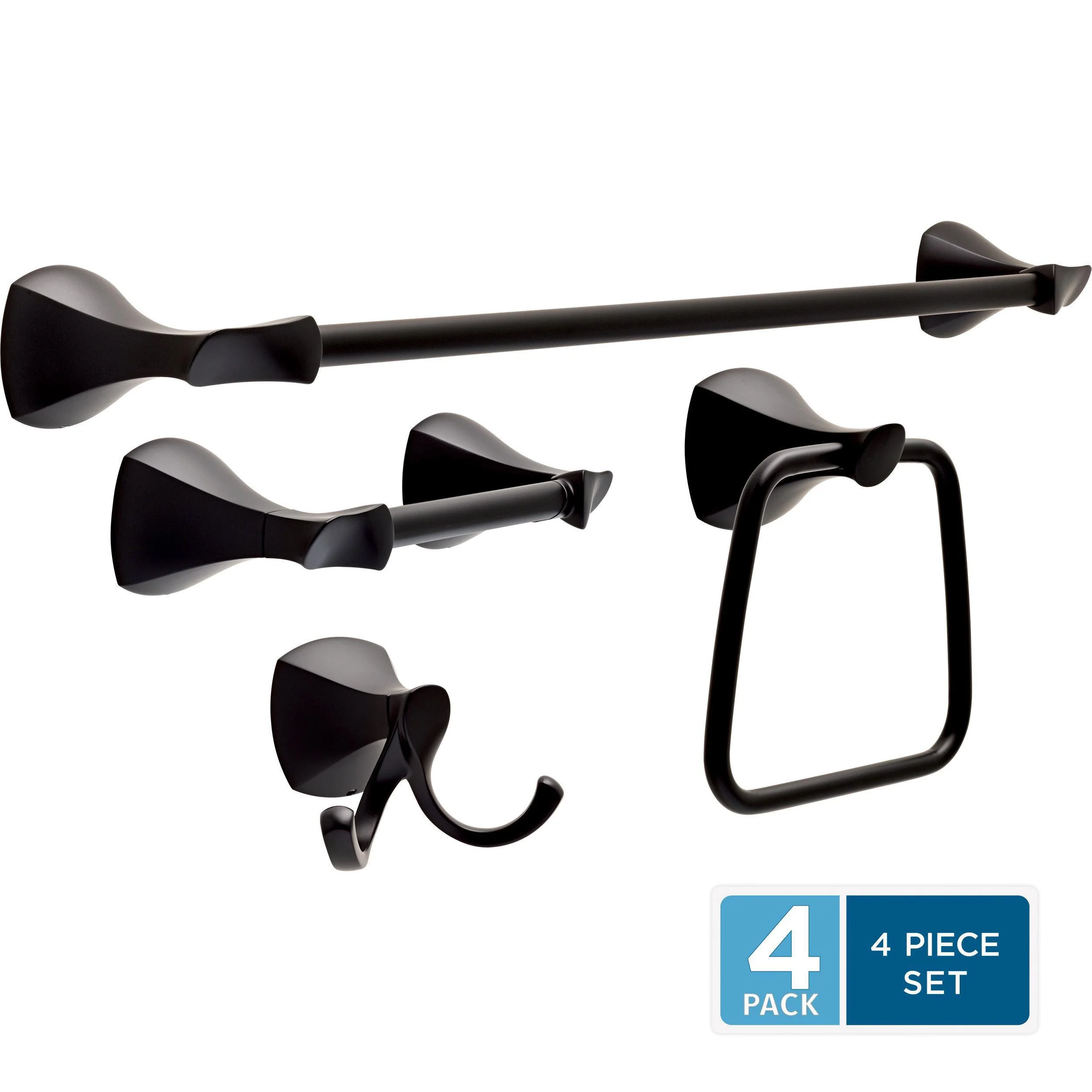 Delta Sandover 4-Piece Decorative Bathroom Hardware Set, Matte Black – 24-in Towel Bar, TP Holder, Towel Ring, Robe Hook