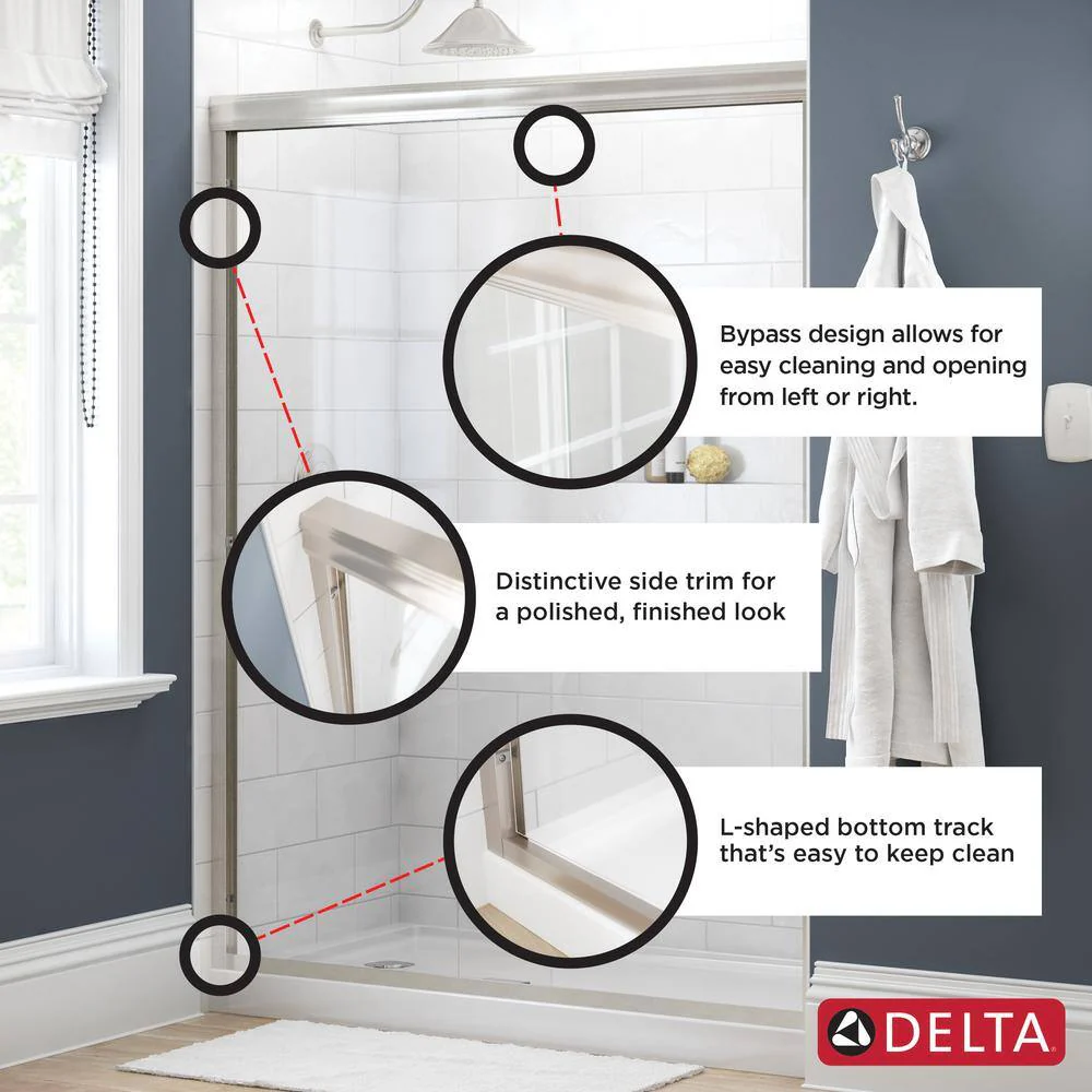 Delta Traditional 60 in. x 58-3/8 in. Semi-Frameless Sliding Bathtub Door, Chrome, 1/4 in. (6mm) Clear Glass - Image 6