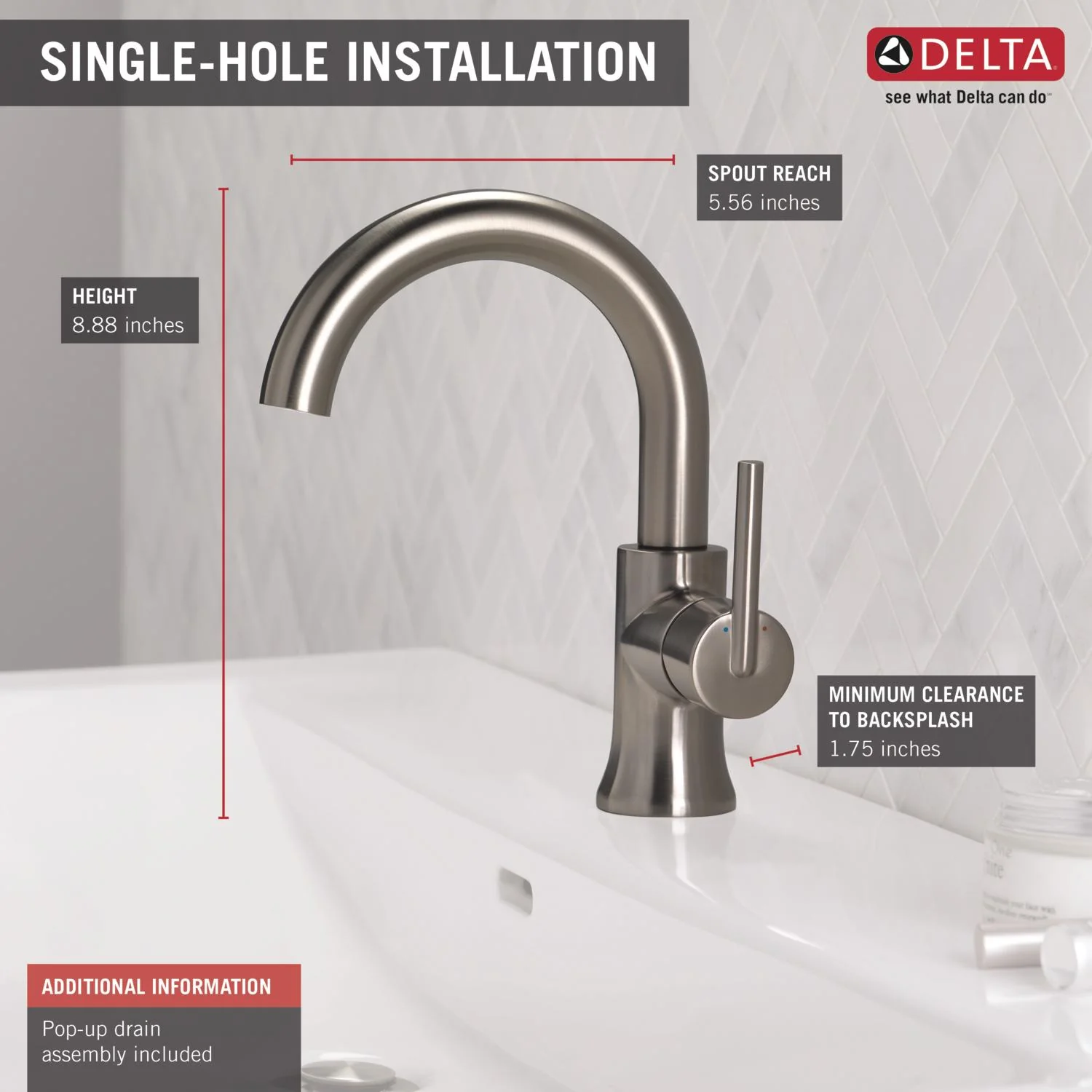 Delta Trinsic Stainless 1-Handle Single-Hole WaterSense Bathroom Sink Faucet with Drain - Image 3