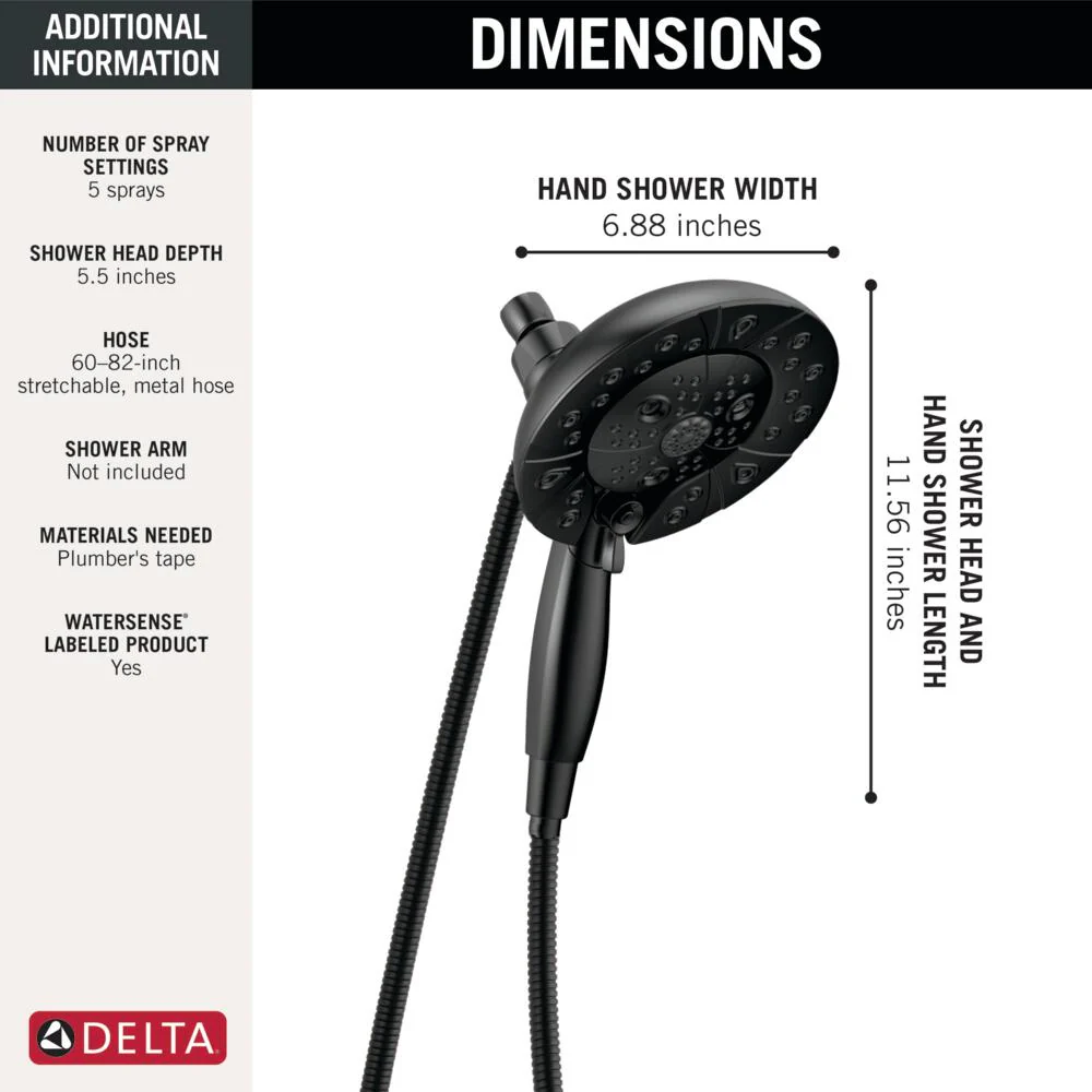 Delta Universal Showering Components Matte Black 5-Spray Dual/Combo Shower Head with Hand Shower, 1.75 GPM (6.6 LPM), 6.88-in - Image 5