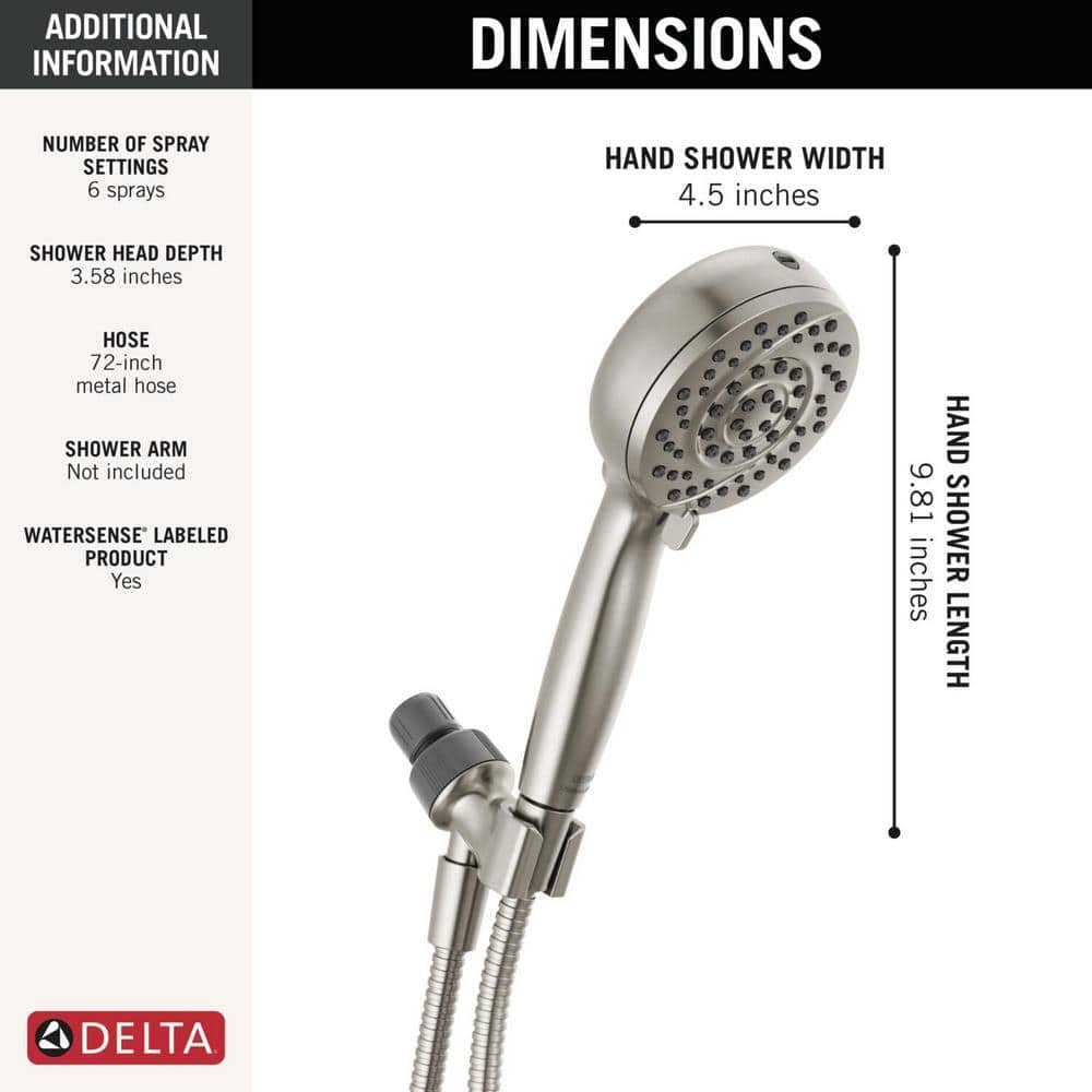Delta Universal Showering Components ProClean 6‑Spray Handheld Shower Head, 1.75 GPM, SpotShield Brushed Nickel, 72‑in Hose - Image 3