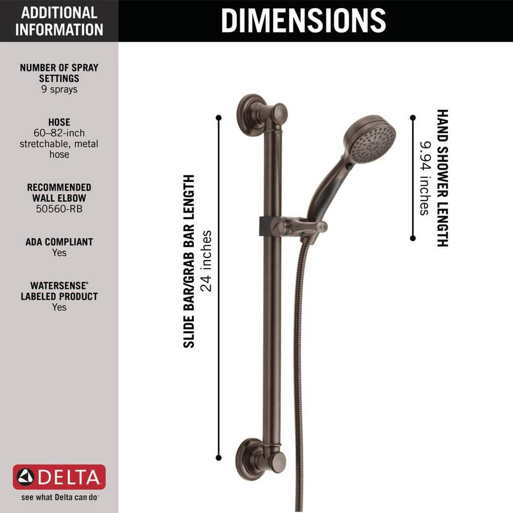 Delta Universal Showering Components Venetian Bronze 9-Spray Handheld Shower with 24-in Slide/Grab Bar, 1.75 GPM (6.6 LPM) - Image 3