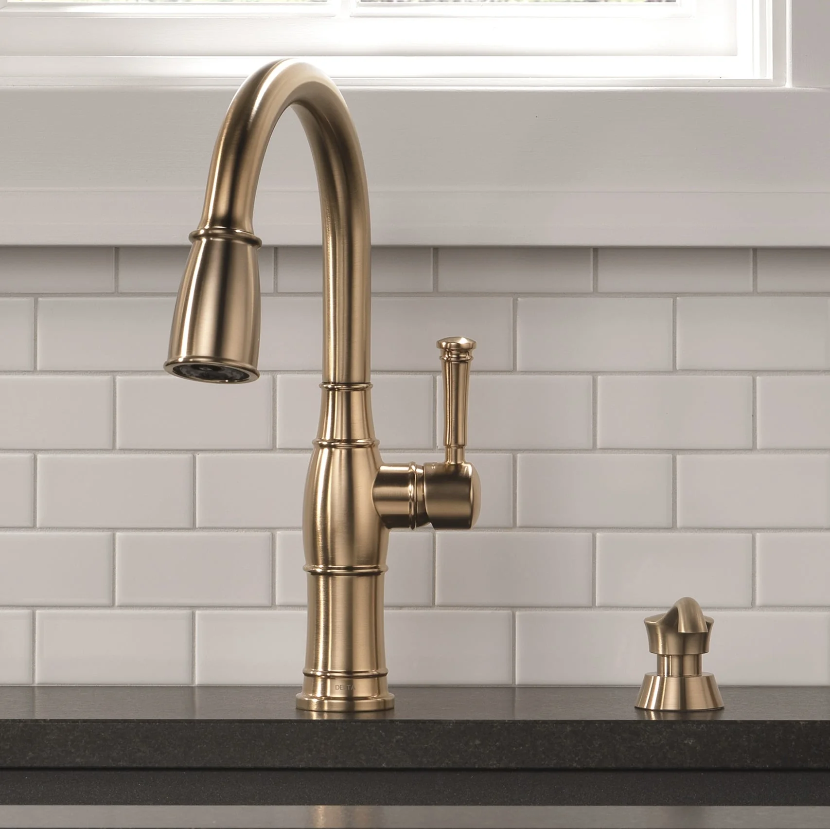 Delta Valdosta 1-Handle Deck-Mount Pull-Down Kitchen Faucet with Deck Plate and Soap Dispenser, Champagne Bronze
