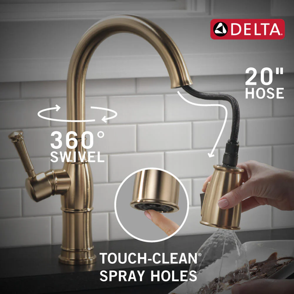 Delta Valdosta 1-Handle Deck-Mount Pull-Down Kitchen Faucet with Deck Plate and Soap Dispenser, Champagne Bronze - Image 8