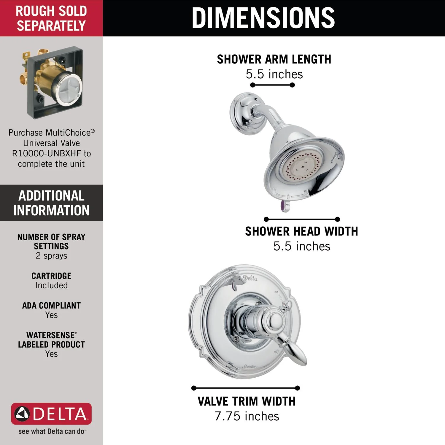 Delta Victorian Chrome 2‑Handle Multi-Function Shower Faucet Trim, 5.5-in Showerhead, T17255 - Image 3