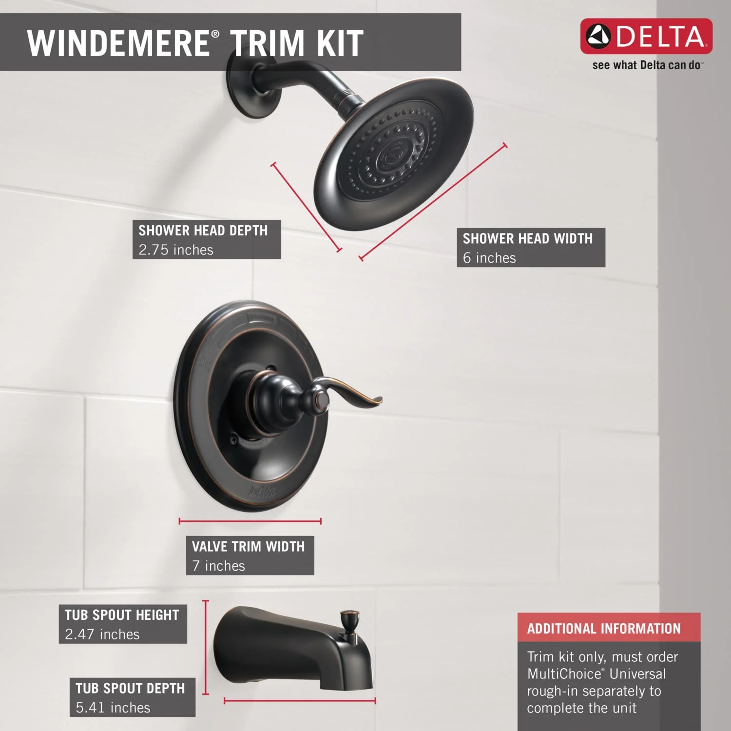 Delta Windemere Oil-Rubbed Bronze 1-Handle Bathtub and Shower Faucet Trim Kit, 6-in Showerhead - Image 5