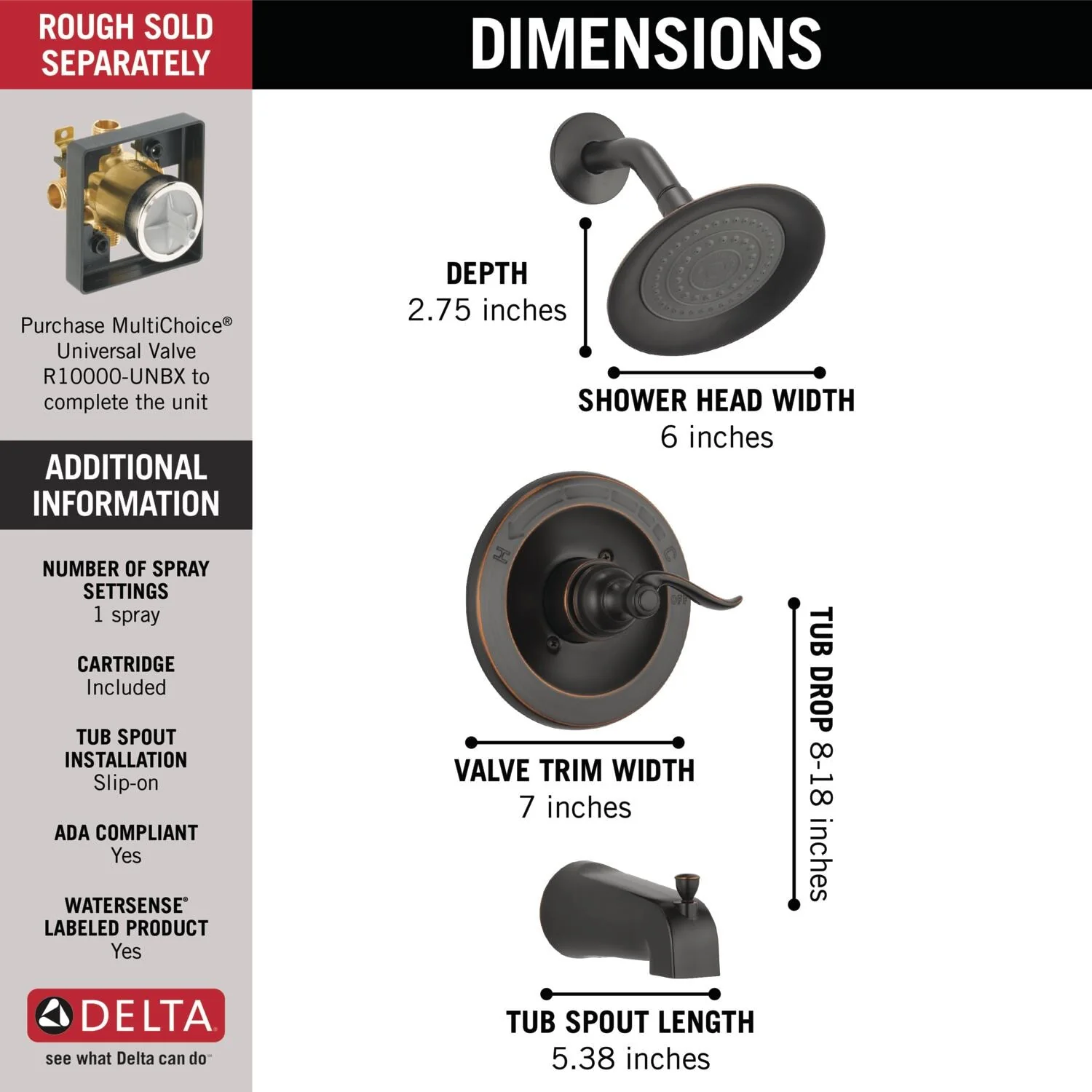 Delta Windemere Oil-Rubbed Bronze 1-Handle Bathtub and Shower Faucet Trim Kit, 6-in Showerhead - Image 6
