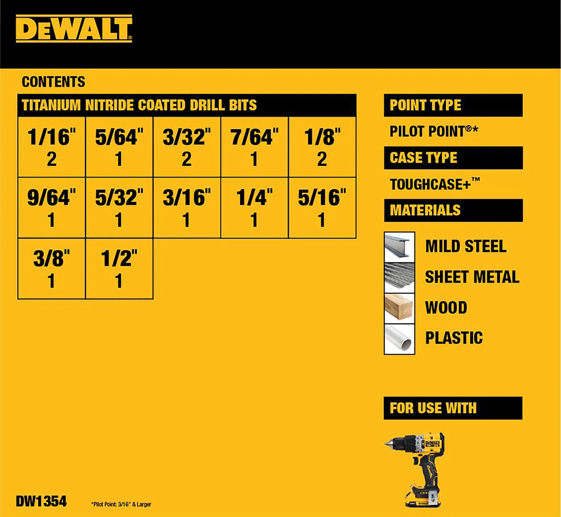 DEWALT 14-Piece Assorted Titanium Twist Drill Bit Set, Pilot Point, ToughCase+ (DW1354) - Image 2