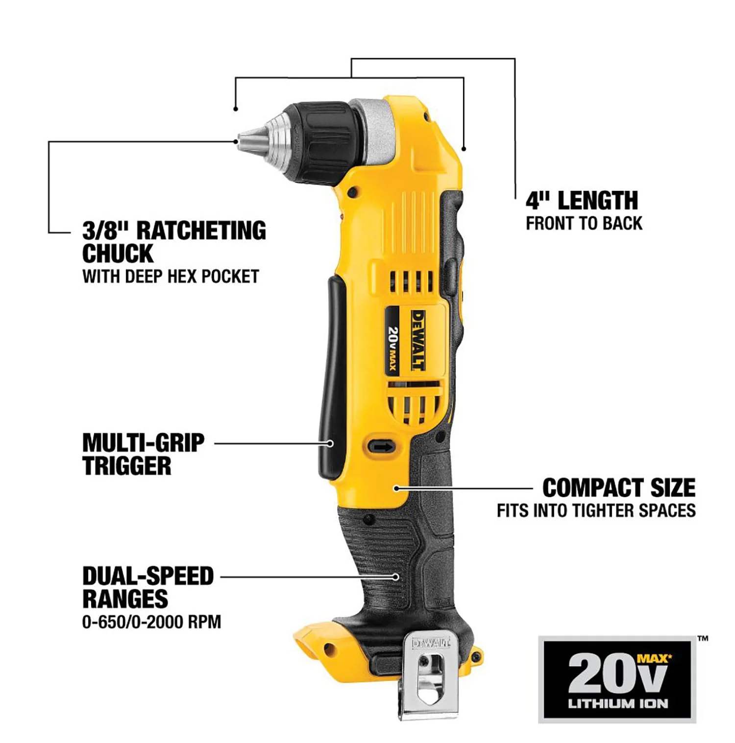 DEWALT 20-Volt MAX 3/8-in Right Angle Cordless Drill/Driver, DCD740B - Image 2