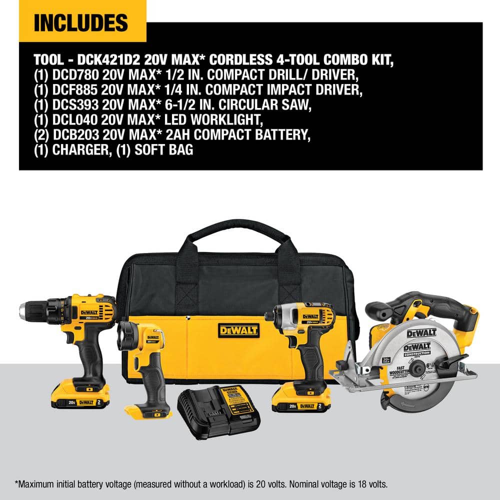 DEWALT 20-Volt MAX Lithium-Ion Cordless 4-Tool Combo Kit with (2) 2.0Ah Batteries, Charger and Tool Bag - Image 2