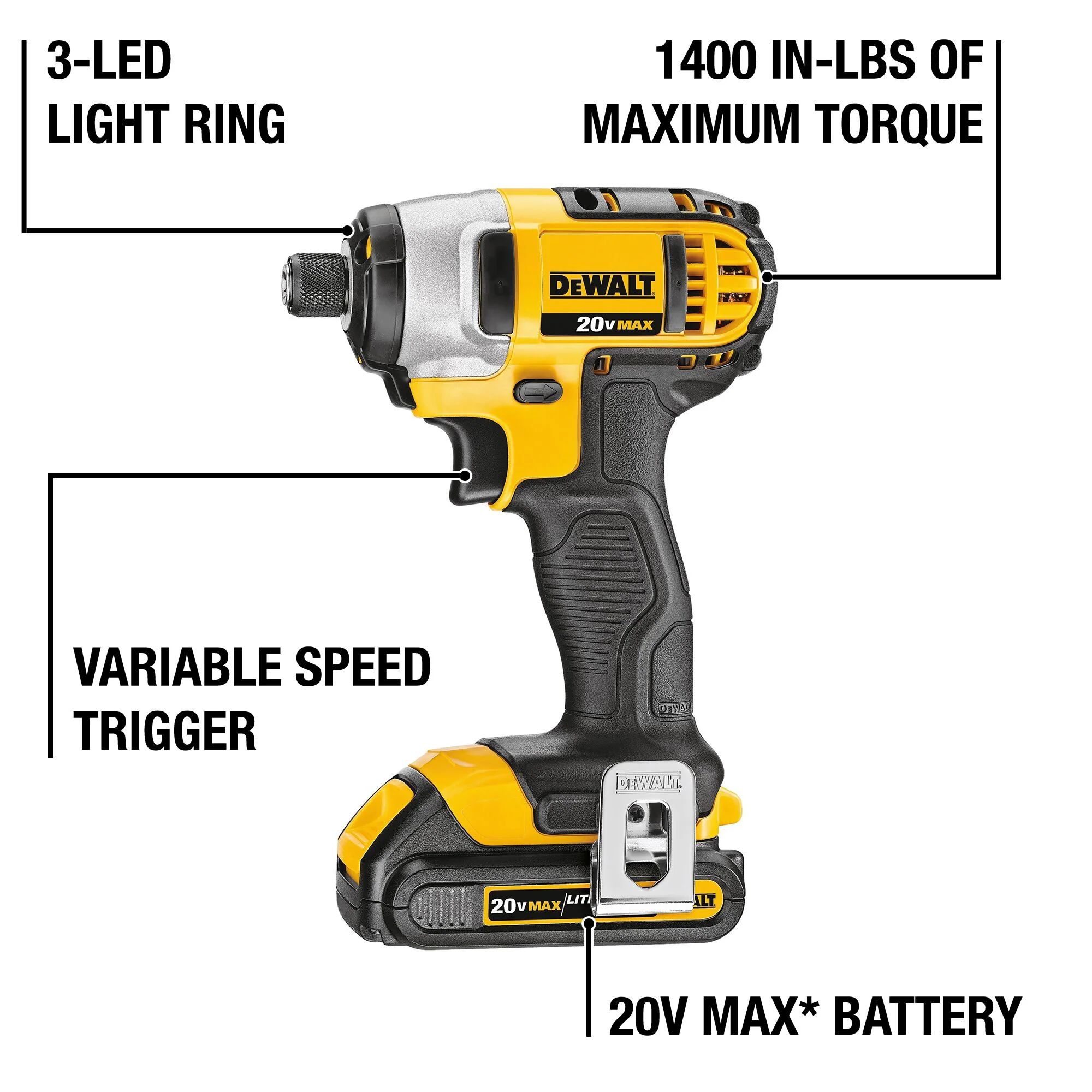 DEWALT 20-Volt MAX Variable Speed Cordless Impact Driver Kit, 1/4-in Hex, 1 Battery & Charger Included (DCF885C1) - Image 2
